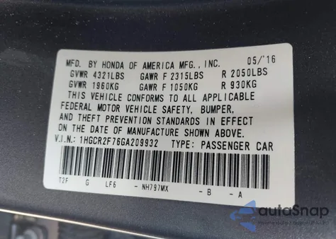 2016 Honda Accord Ex из США, поврежденный, VIN 1HGCR2F76GA209932